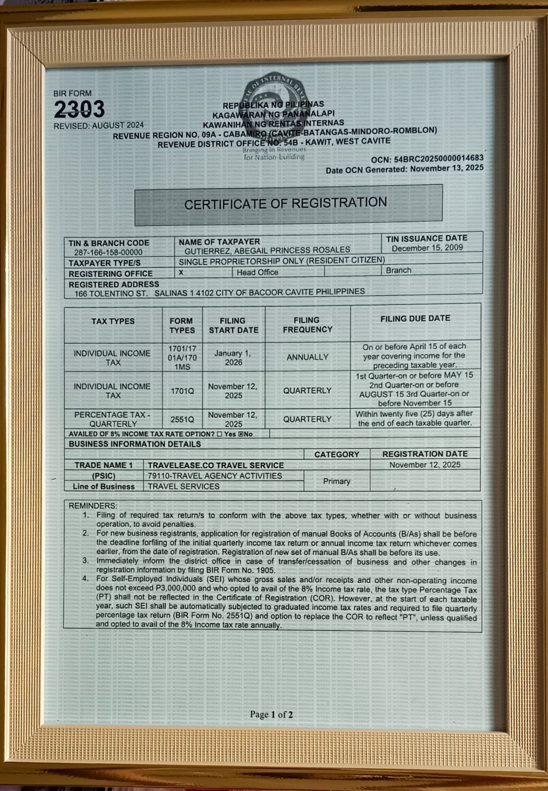 TravelEase.Co - BIR Certificate of Registration Form 2303